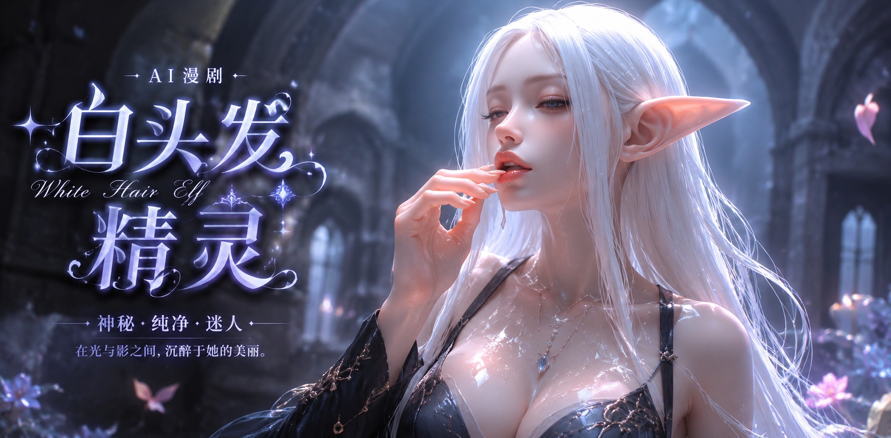 穿着粉色粘液的白头发精灵亲吻和舔封面