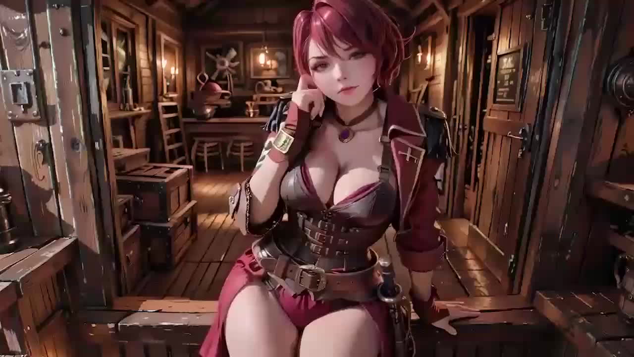 红发海盗船长 在一个复古的船舱里玩弄她的美眉